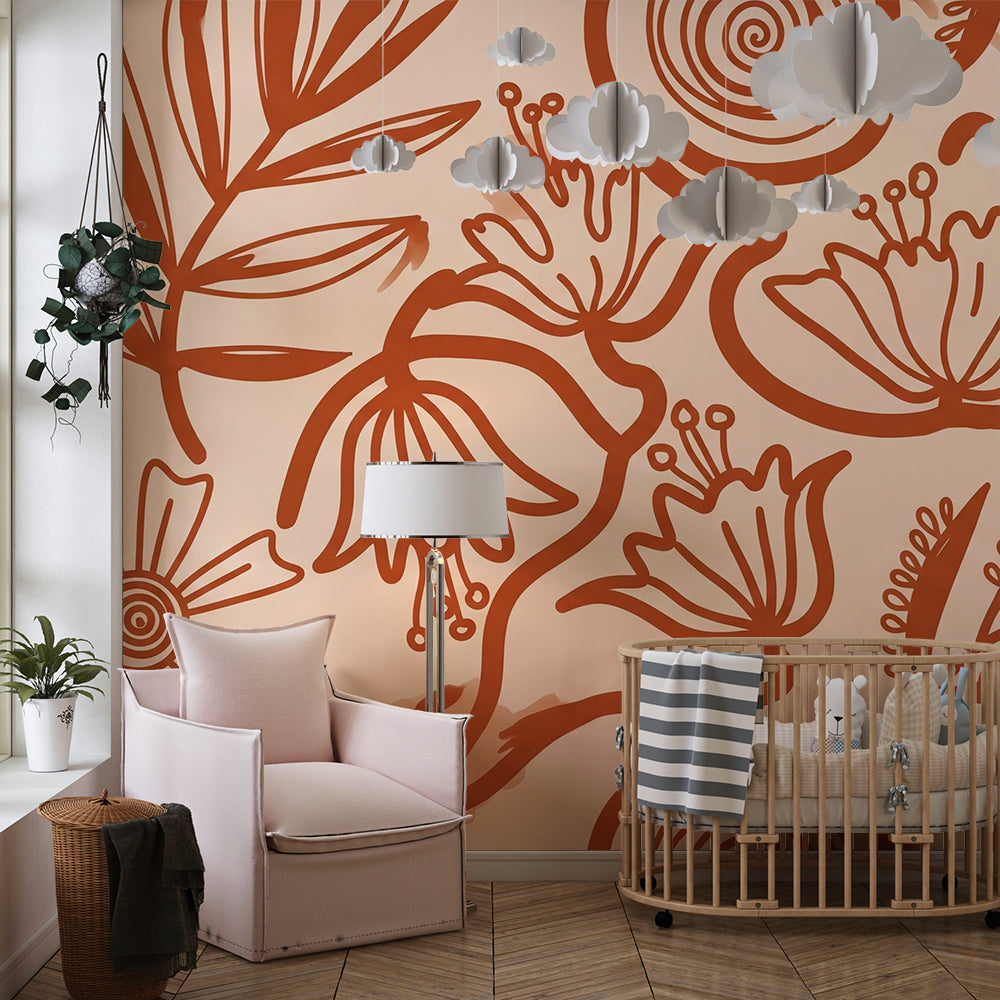 Kids-Mundo terracotta botanical line art wall mural covering a wall in a bright children's playroom