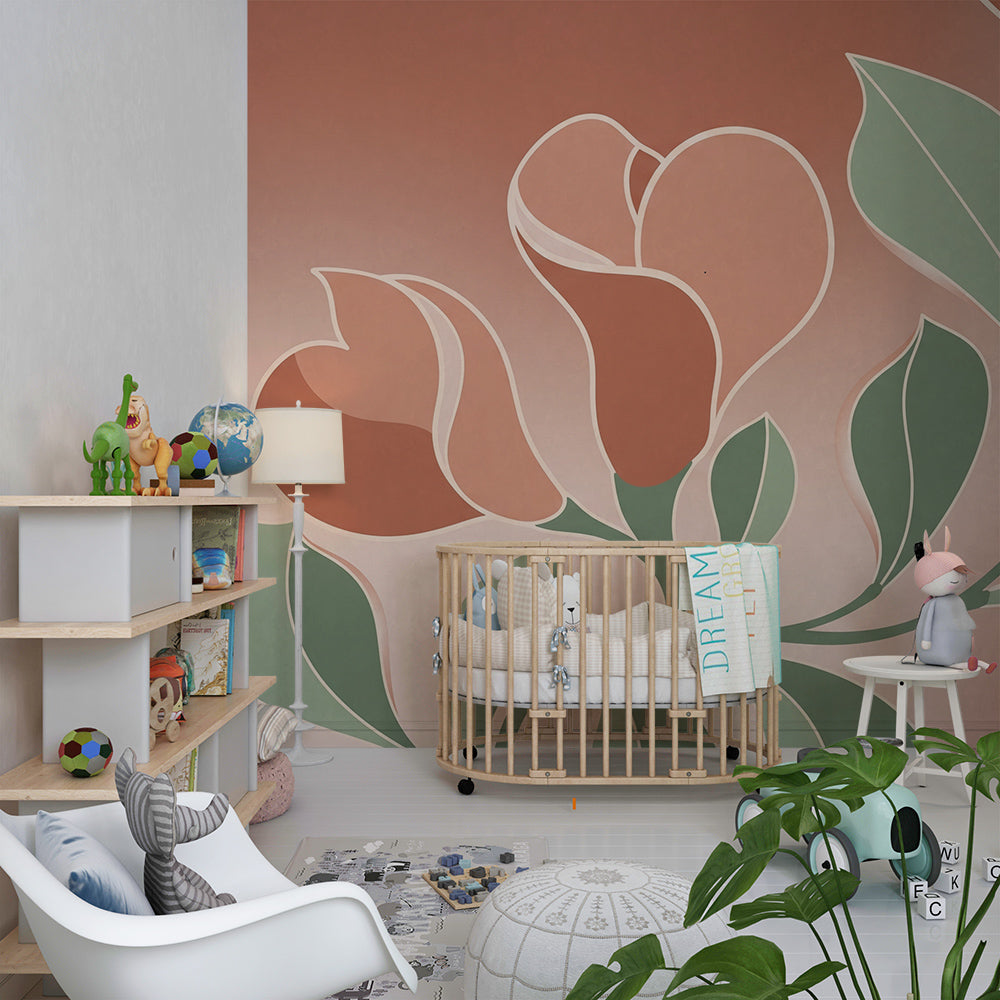Playroom wall styled with a Kids-Mundo rose and terracotta magnolia bloom mural