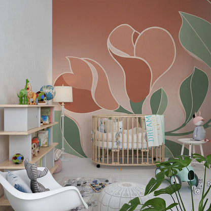 Playroom wall styled with a Kids-Mundo rose and terracotta magnolia bloom mural