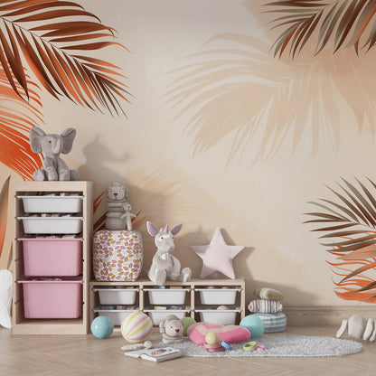 Kids-Mundo terracotta palm leaves wall mural in a kids bedroom with rust and grey-green tones.