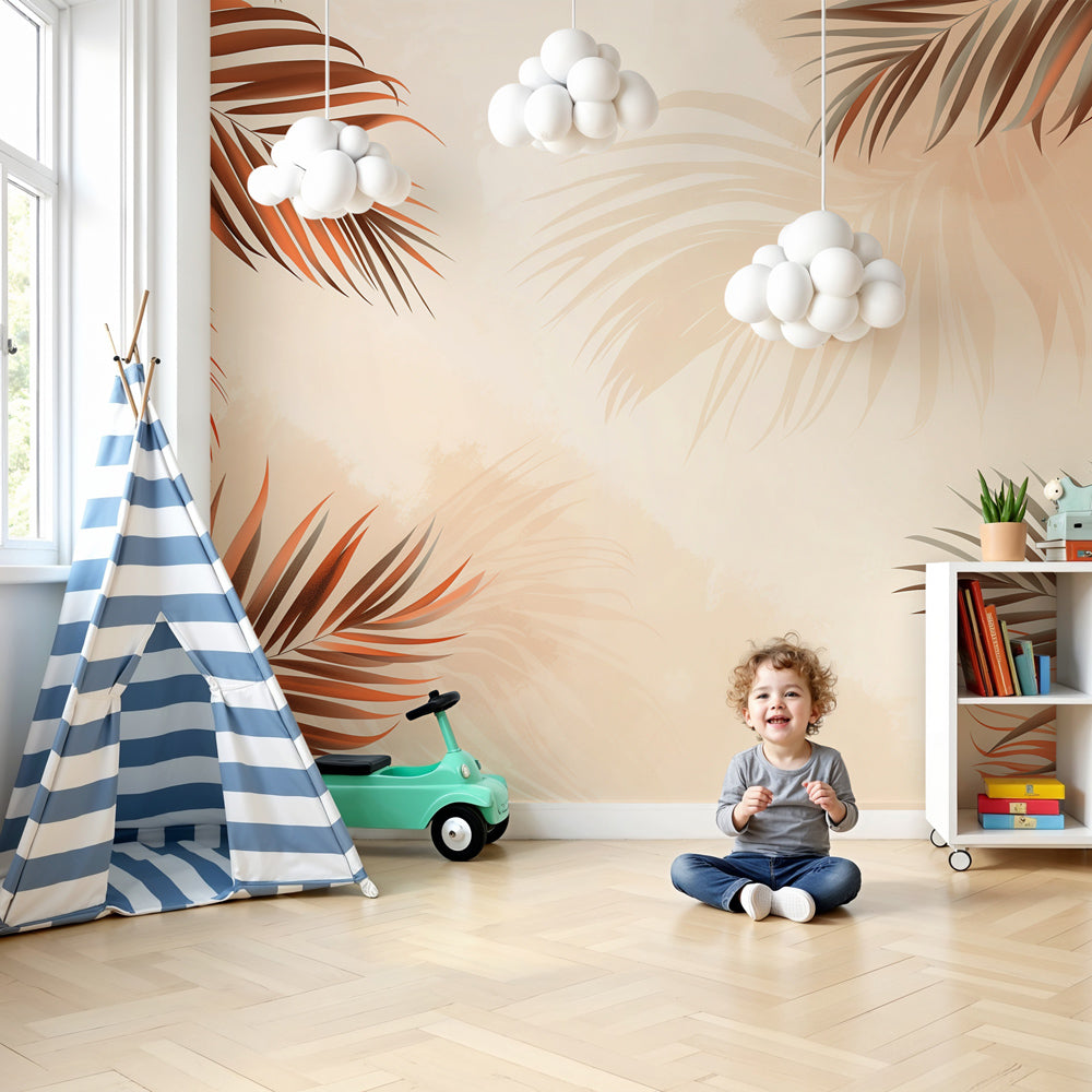 Kids-Mundo terracotta palm leaf wall mural styled in a warm, sunlit nursery.