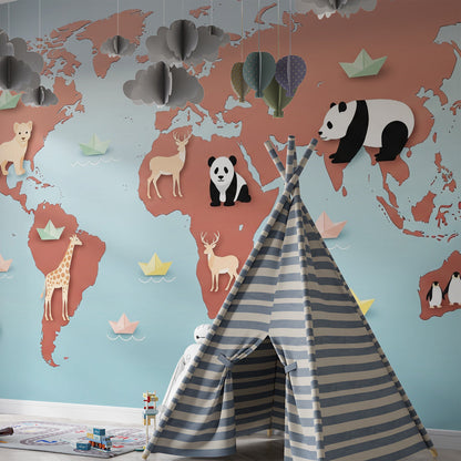 Kids-Mundo world map mural with panda and deer on a terracotta kids bedroom wall