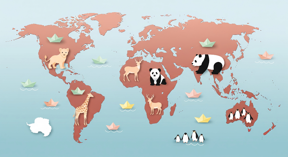 Flat artwork preview of the Kids-Mundo terracotta world map mural with lion and giraffe