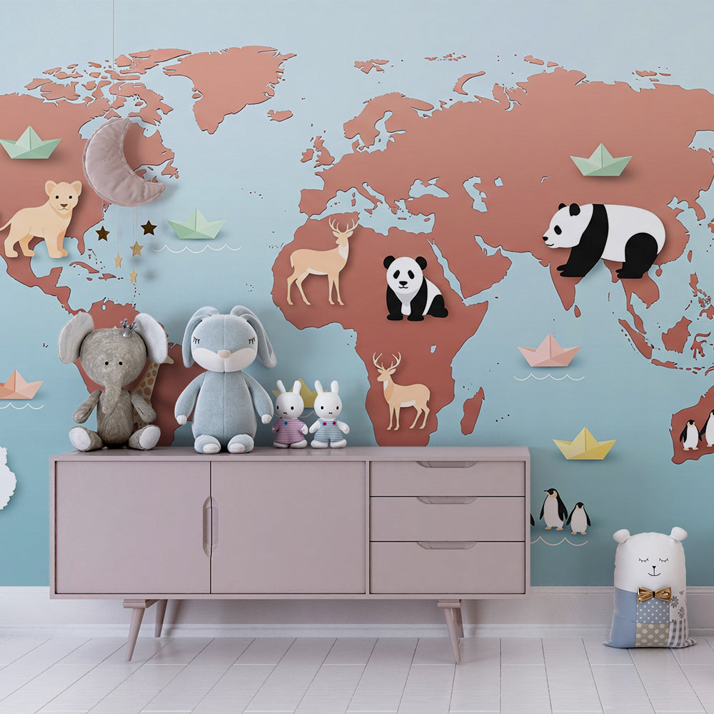 Playroom wall featuring the Kids-Mundo terracotta world map mural with paper boats