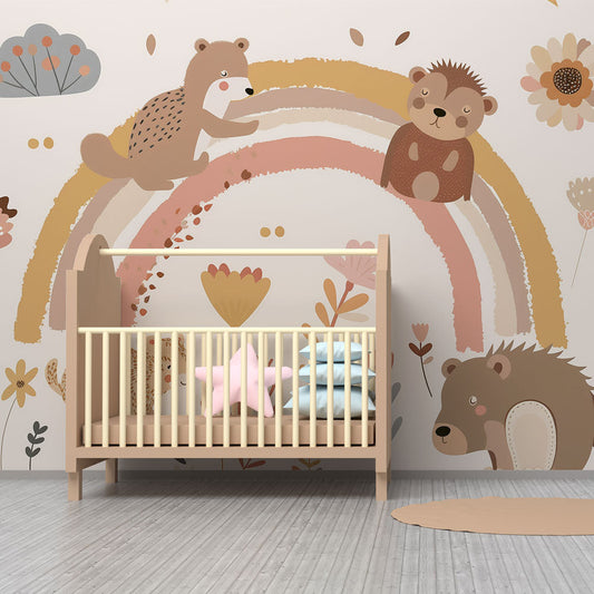 Kids-Mundo bear cub and rainbow wall mural on a cosy kids bedroom feature wall