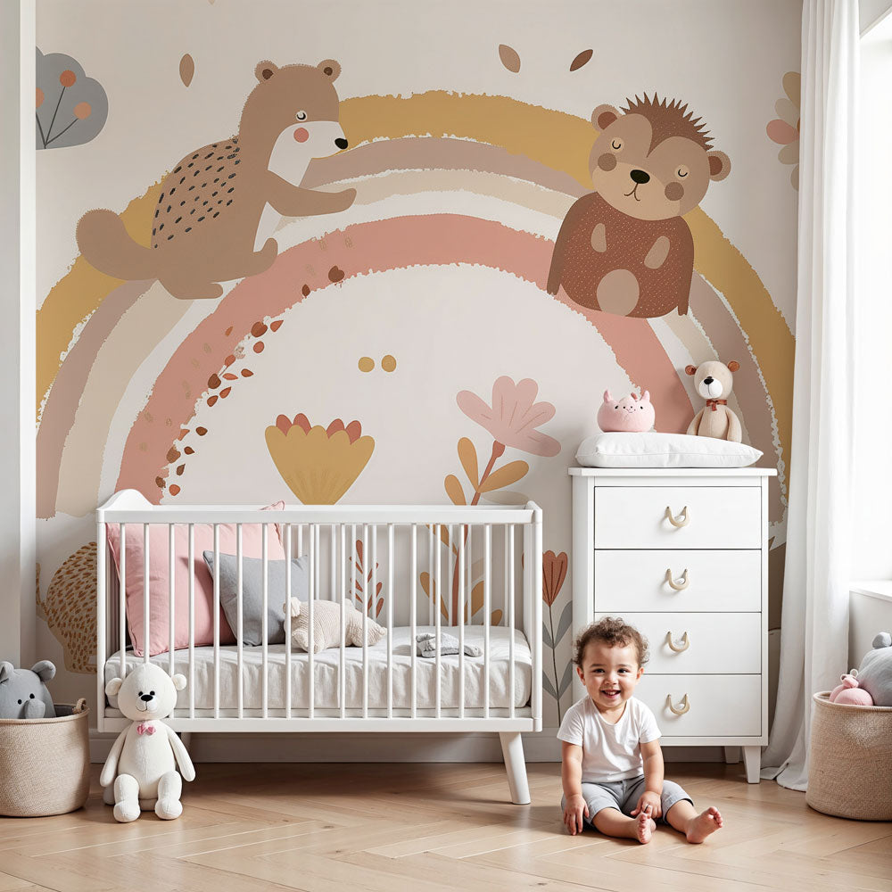 Kids-Mundo terracotta rainbow and bear cub wall mural in a warm neutral nursery