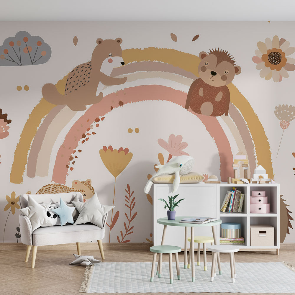 Kids-Mundo storybook bear cub rainbow mural brightening a warm children's playroom