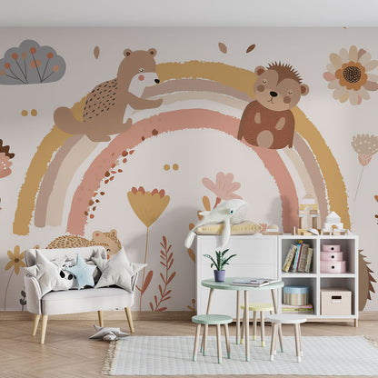 Kids-Mundo storybook bear cub rainbow mural brightening a warm children's playroom