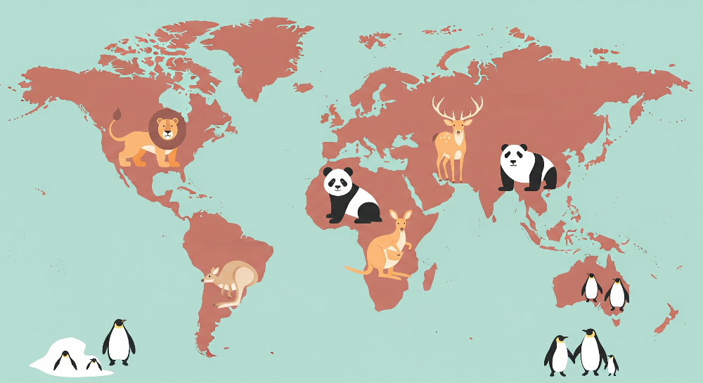 Kids-Mundo terracotta world map artwork featuring a lion, panda, kangaroo and deer