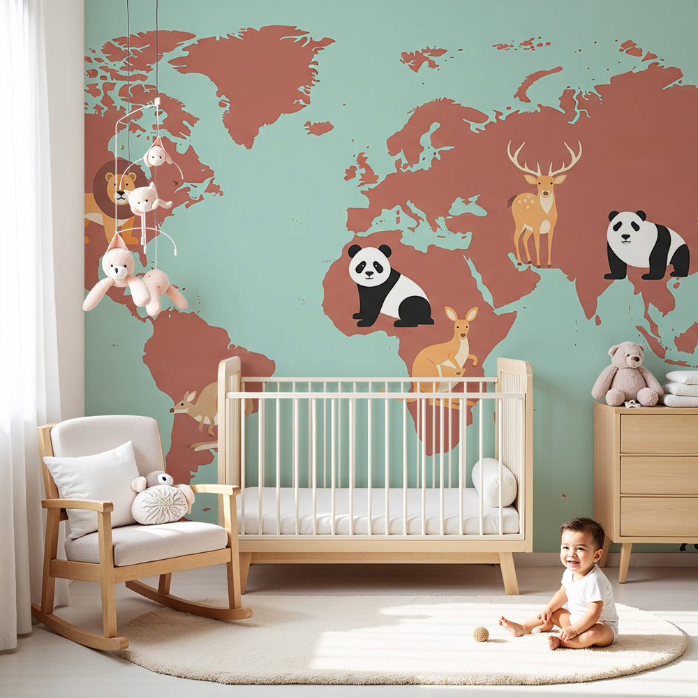 Kids-Mundo terracotta world map wall mural in a warm nursery with cot and rug