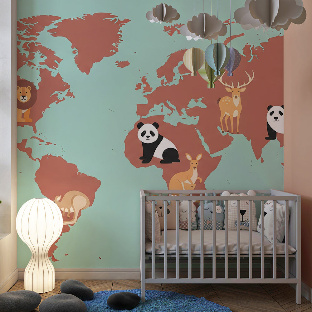 Kids-Mundo terracotta safari world map mural in a bright children's playroom