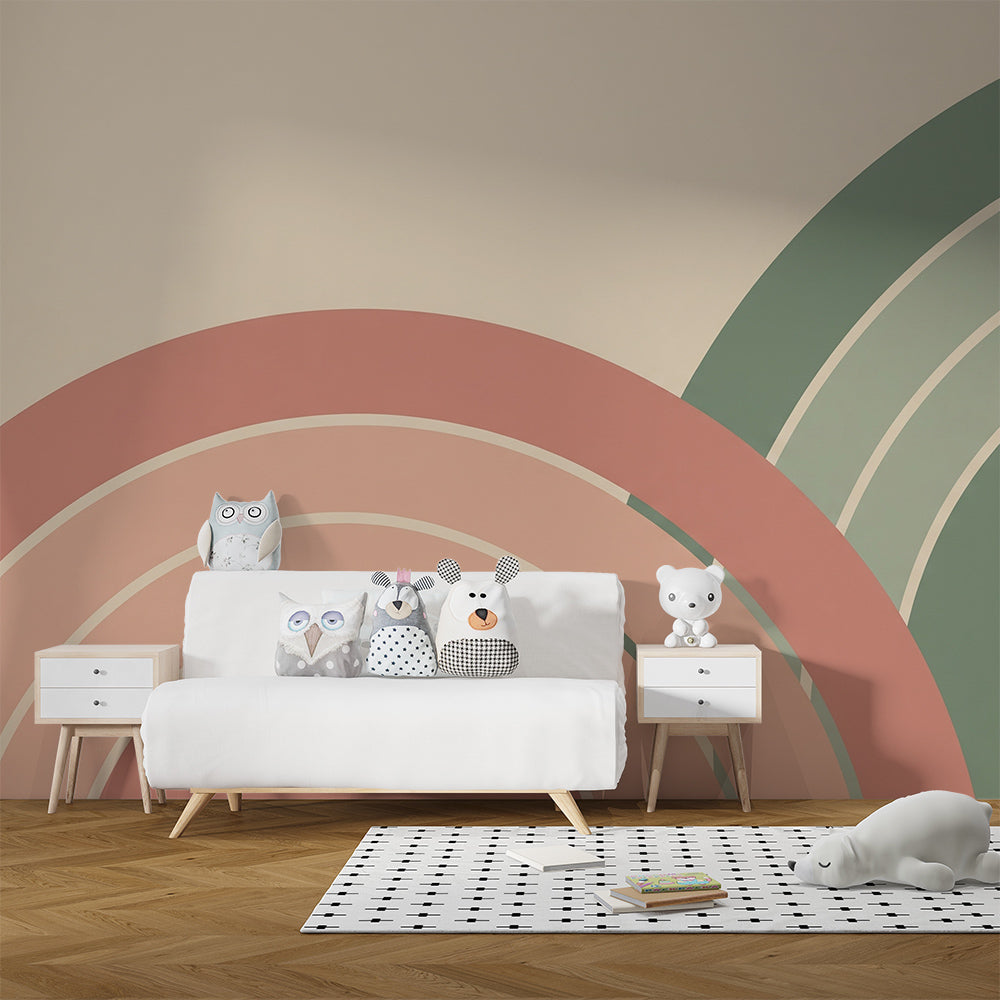 Kids-Mundo rainbow wall mural decorating a cosy gender-neutral kids bedroom wall