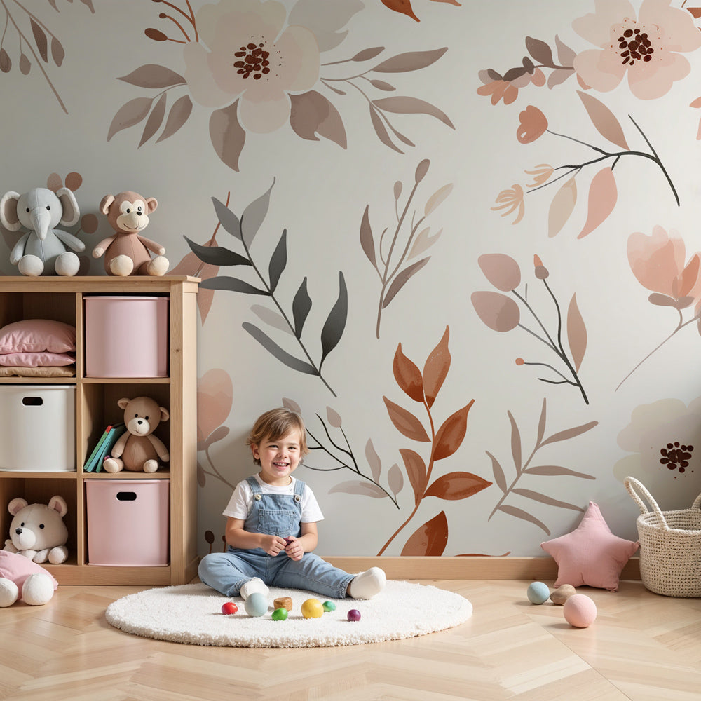 Kids-Mundo terracotta watercolour floral wall mural styled in a soft neutral nursery interior.