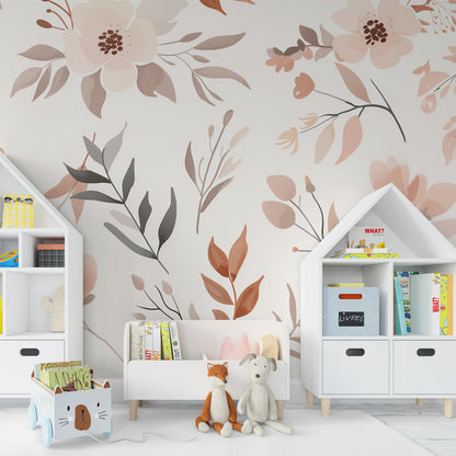 Kids-Mundo terracotta floral wall mural brightening a playroom wall with warm botanical tones.