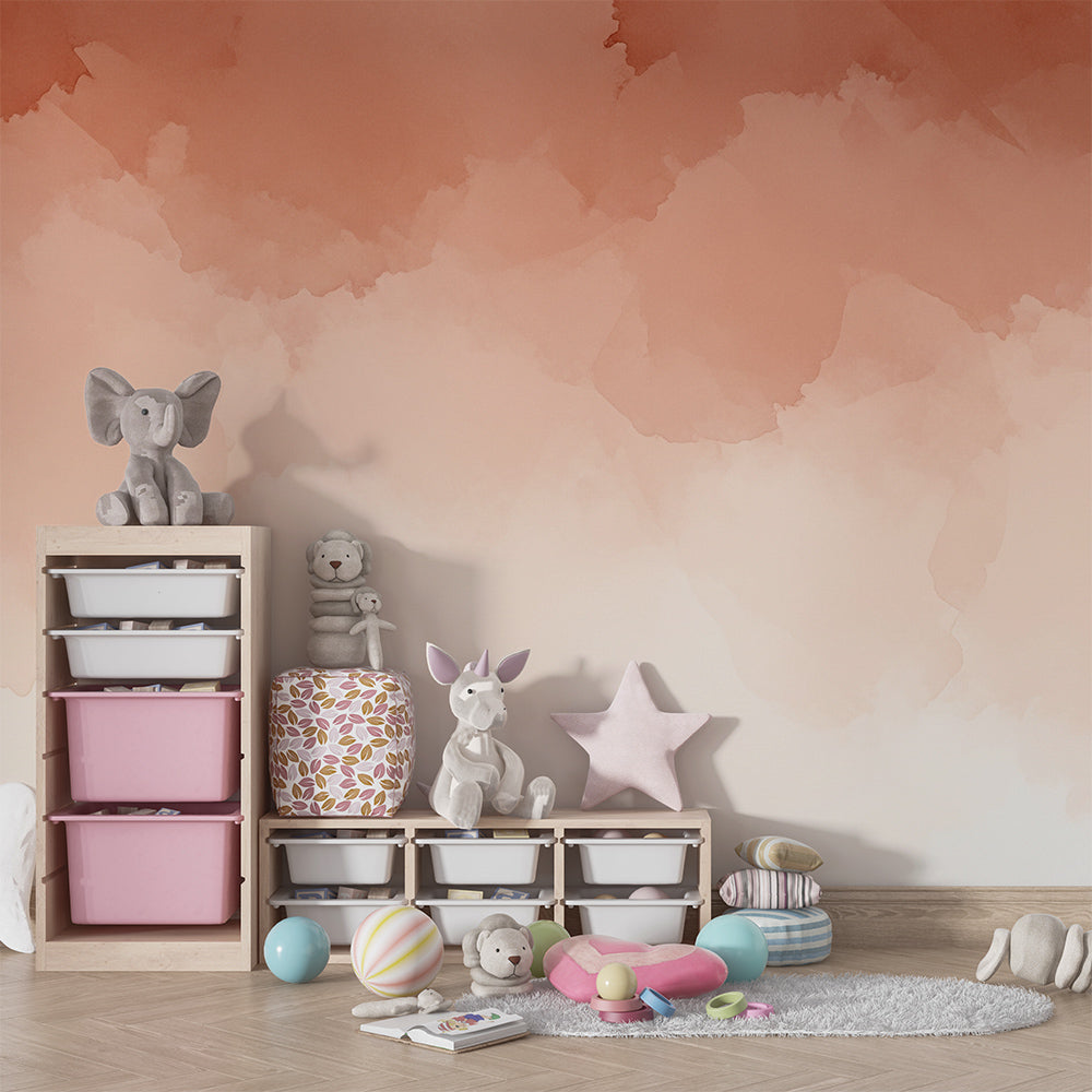 Terracotta watercolour wash wall mural by Kids-Mundo on a feature wall in a cosy kids bedroom