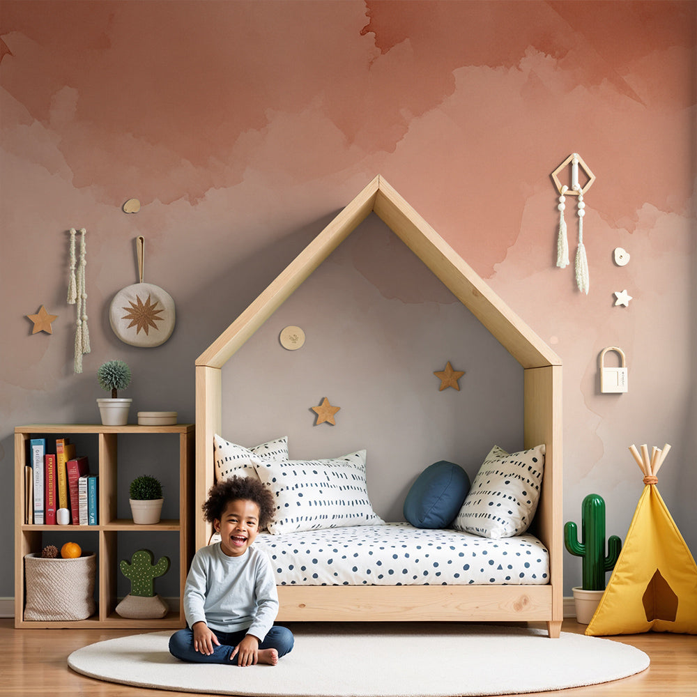 Kids-Mundo terracotta and cream watercolour wall mural styled in a warm, calm nursery