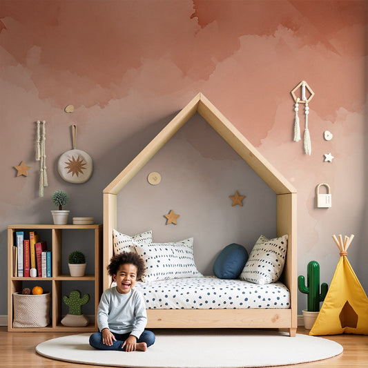 Kids-Mundo terracotta and cream watercolour wall mural styled in a warm, calm nursery