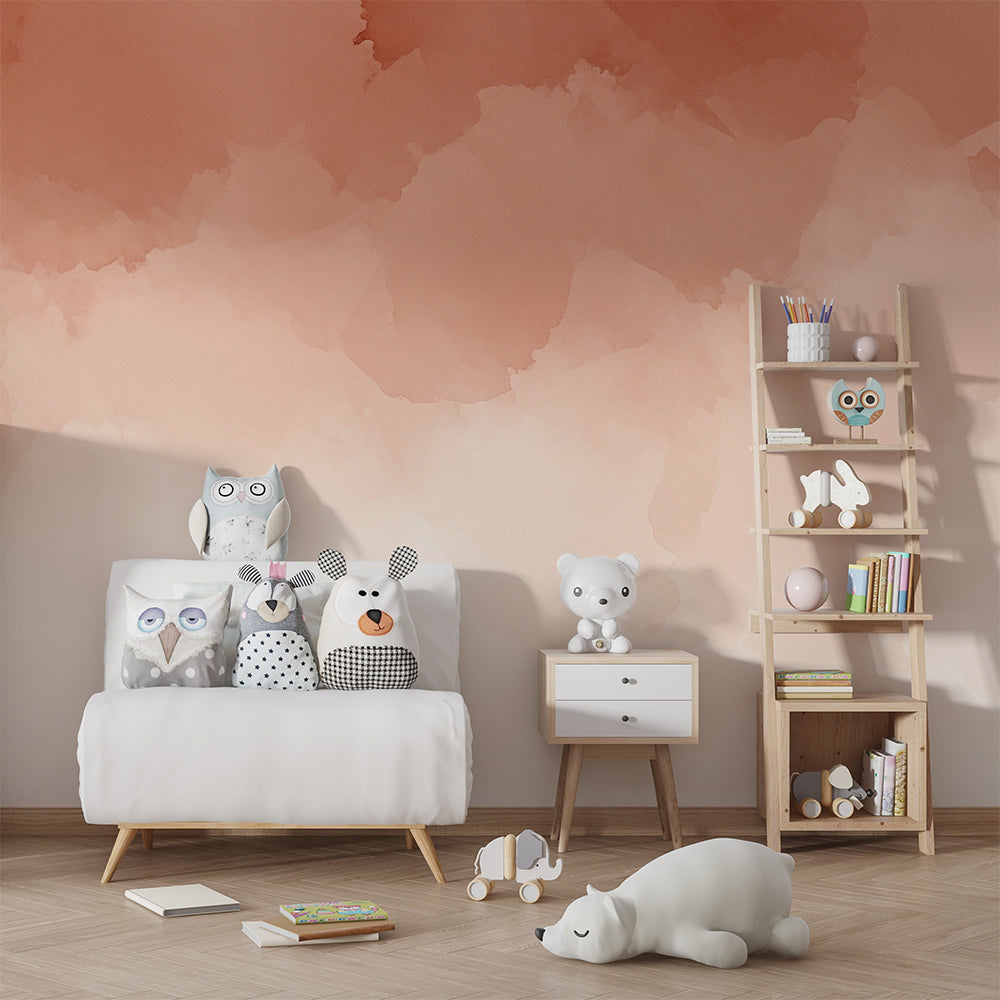 Kids-Mundo terracotta wash wall mural warming a cosy playroom with soft, earthy tones