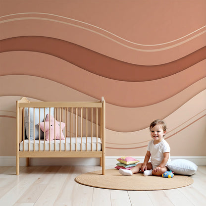 Kids-Mundo terracotta wave wall mural made to measure on a warm, calm nursery feature wall