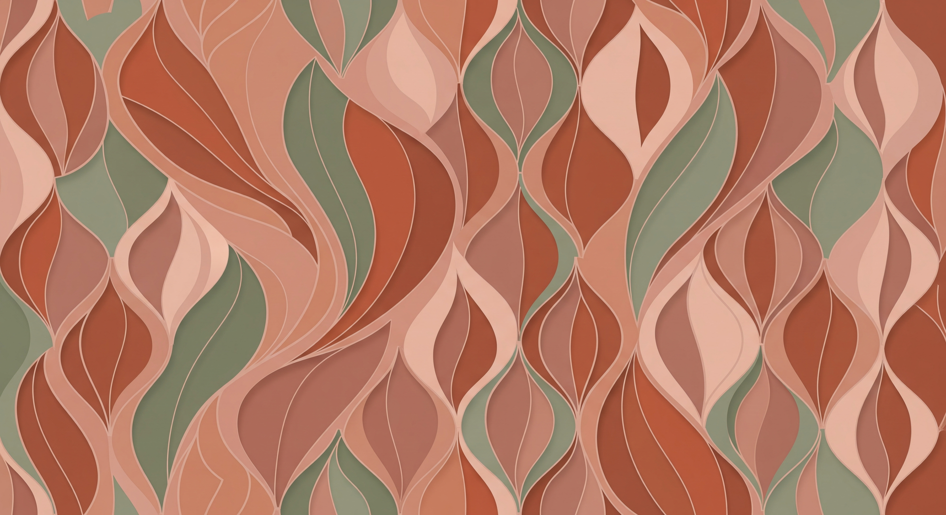 Flat artwork of the Kids-Mundo terracotta, blush and sage wavy ogee wall mural design
