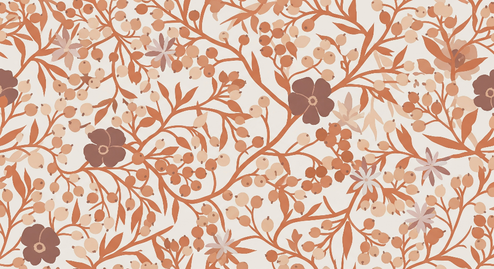 Kids-Mundo flat artwork preview of the terracotta wildflower and berry pattern wall mural design