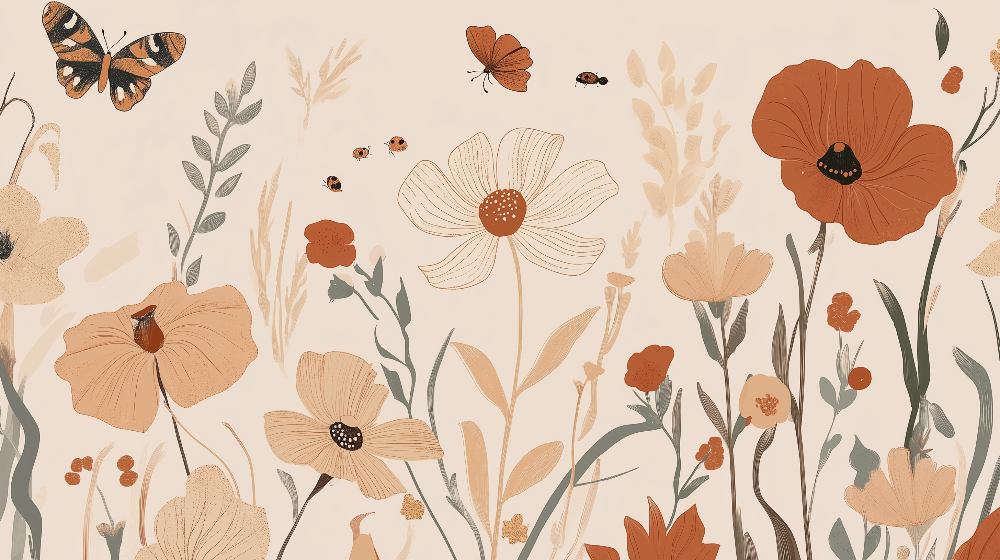 Terracotta Wildflower Garden with Butterflies Wall Mural