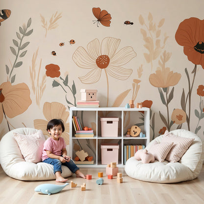 Kids-Mundo terracotta wildflower wall mural styled in a warm, sunlit nursery