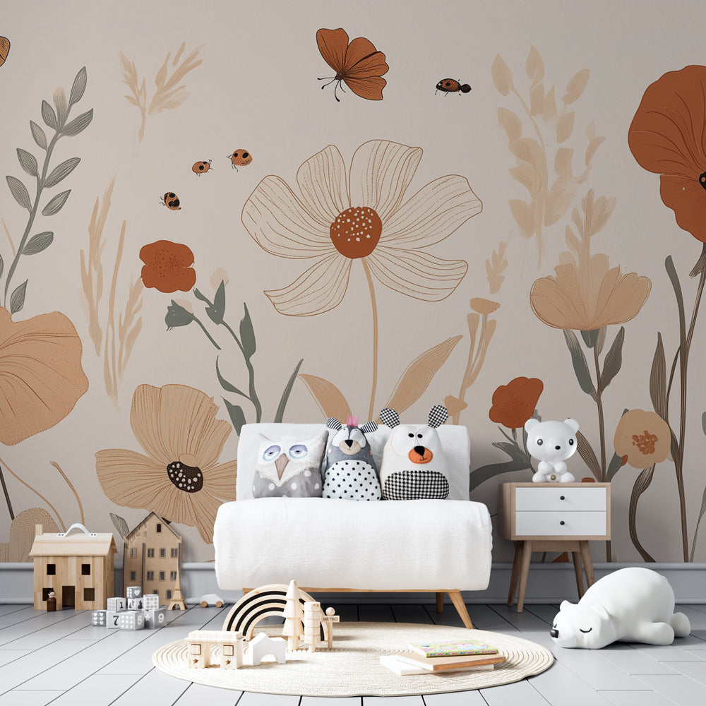 Kids-Mundo wildflower garden wall mural brightening a cosy children's playroom