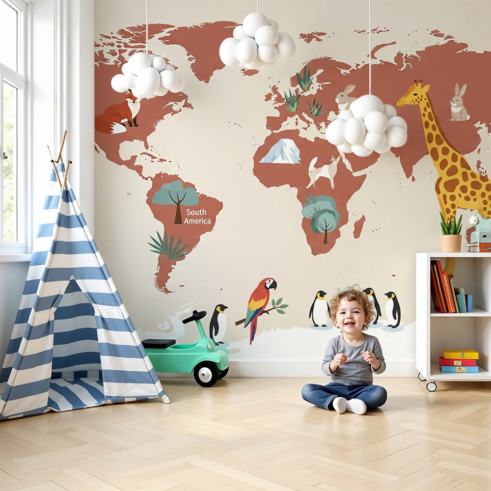 Kids-Mundo terracotta world map wall mural with fox and giraffe artwork behind a nursery cot