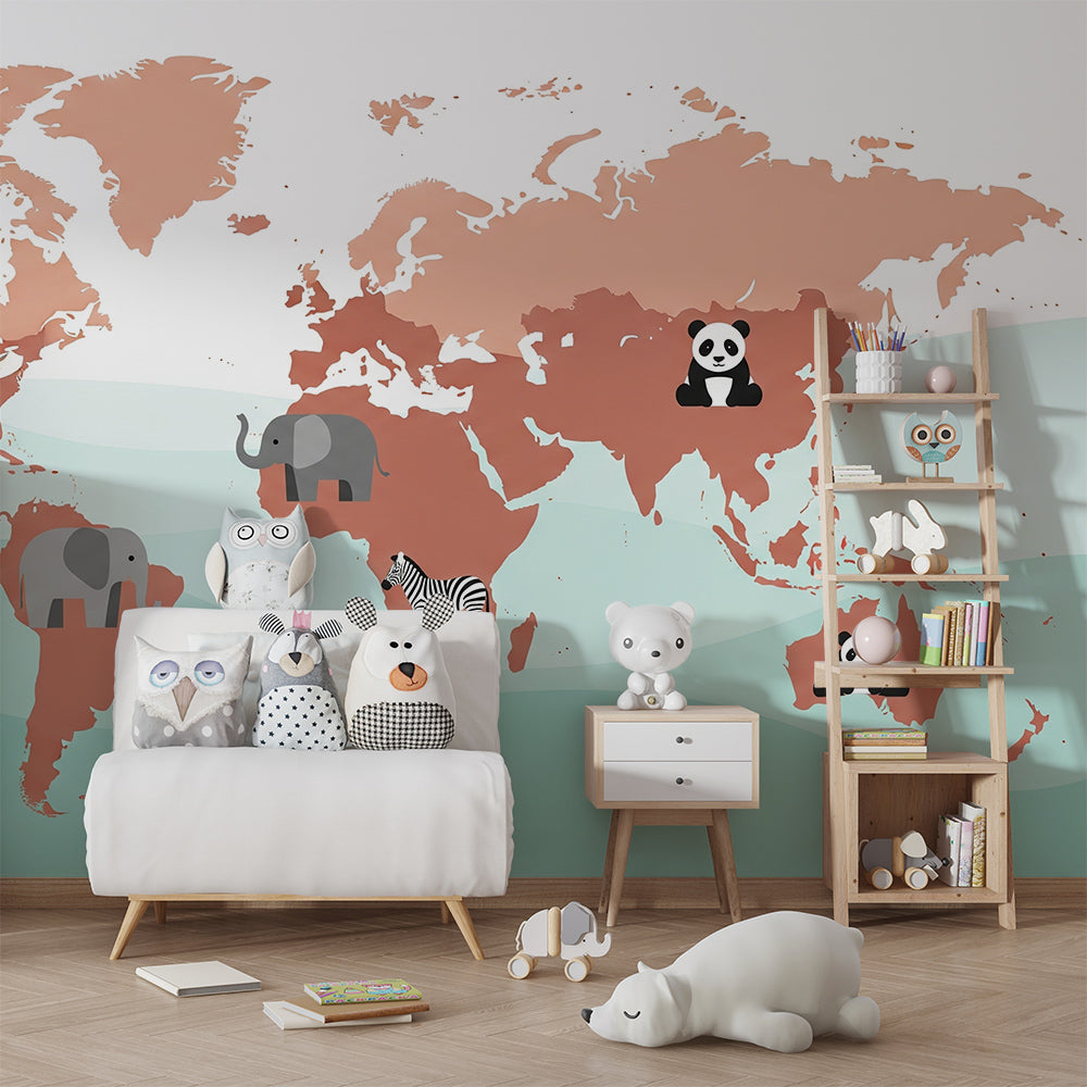 Kids-Mundo terracotta world map wall mural with zebra and pandas covering a wall in a kids' bedroom
