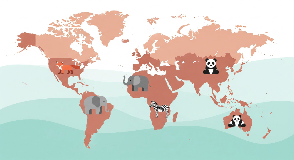 Terracotta World Map with Fox and Elephant Wall Mural