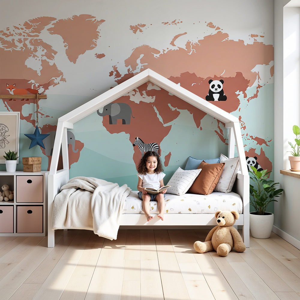 Kids-Mundo terracotta world map wall mural with fox and elephant styled in a warm nursery