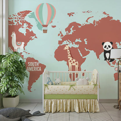 Kids-Mundo terracotta world map mural with giraffe and panda on a bedroom wall
