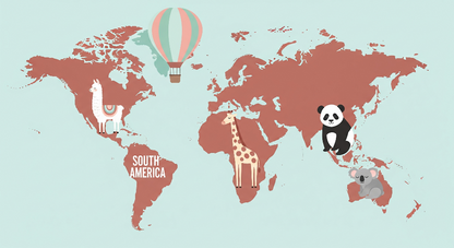 Flat artwork of the Kids-Mundo terracotta world map mural with llama, giraffe, panda and koala