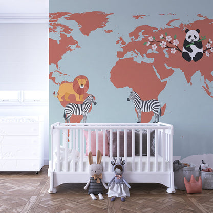 Kids-Mundo world map mural featuring a panda and zebra in a cosy kids' bedroom