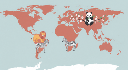Kids-Mundo flat artwork of a terracotta world map mural with lion, zebras and panda