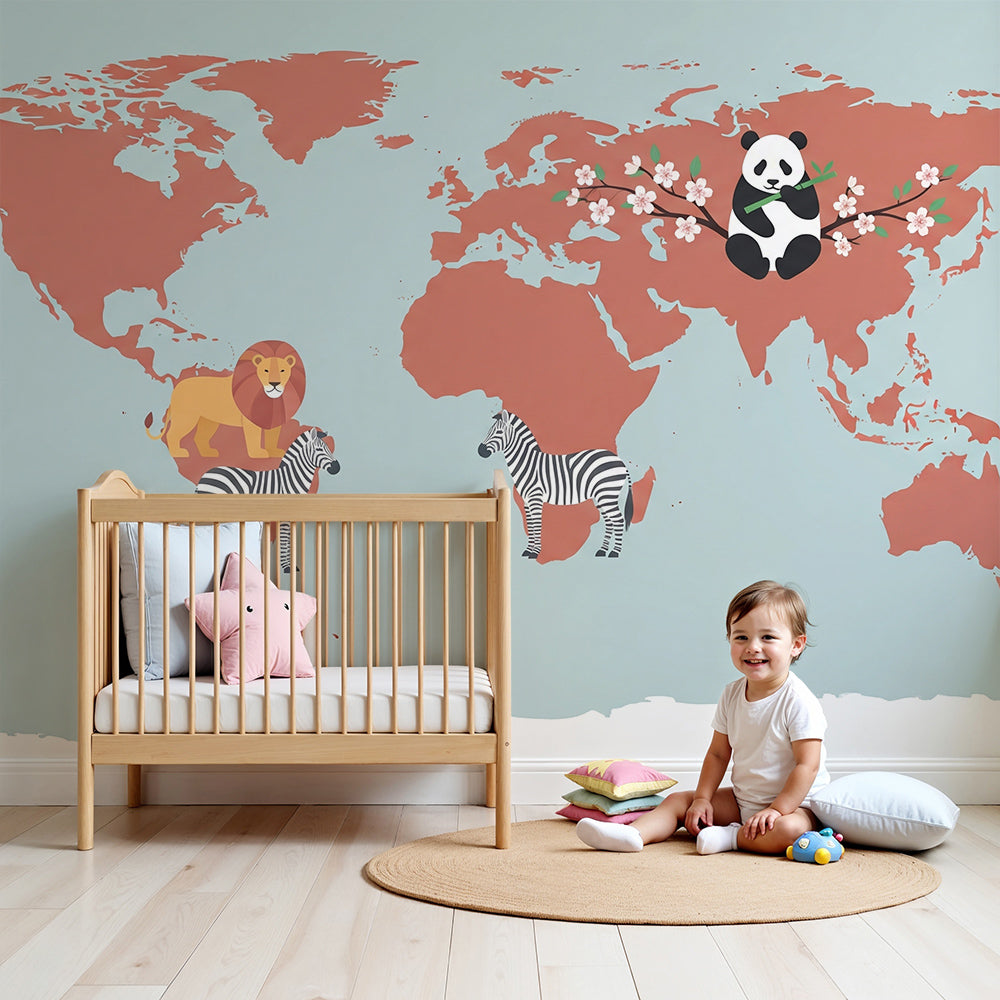 Kids-Mundo terracotta world map wall mural with lion and zebra in a warm nursery