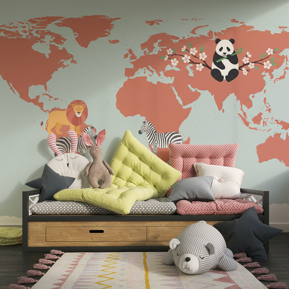 Kids-Mundo terracotta world map wallpaper brightening a safari-themed playroom