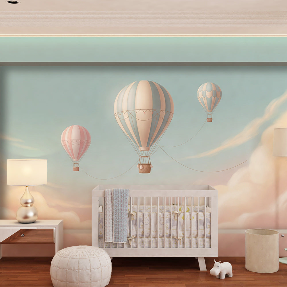 Kids-Mundo hot air balloon window view mural on a feature wall in a calm kids' bedroom