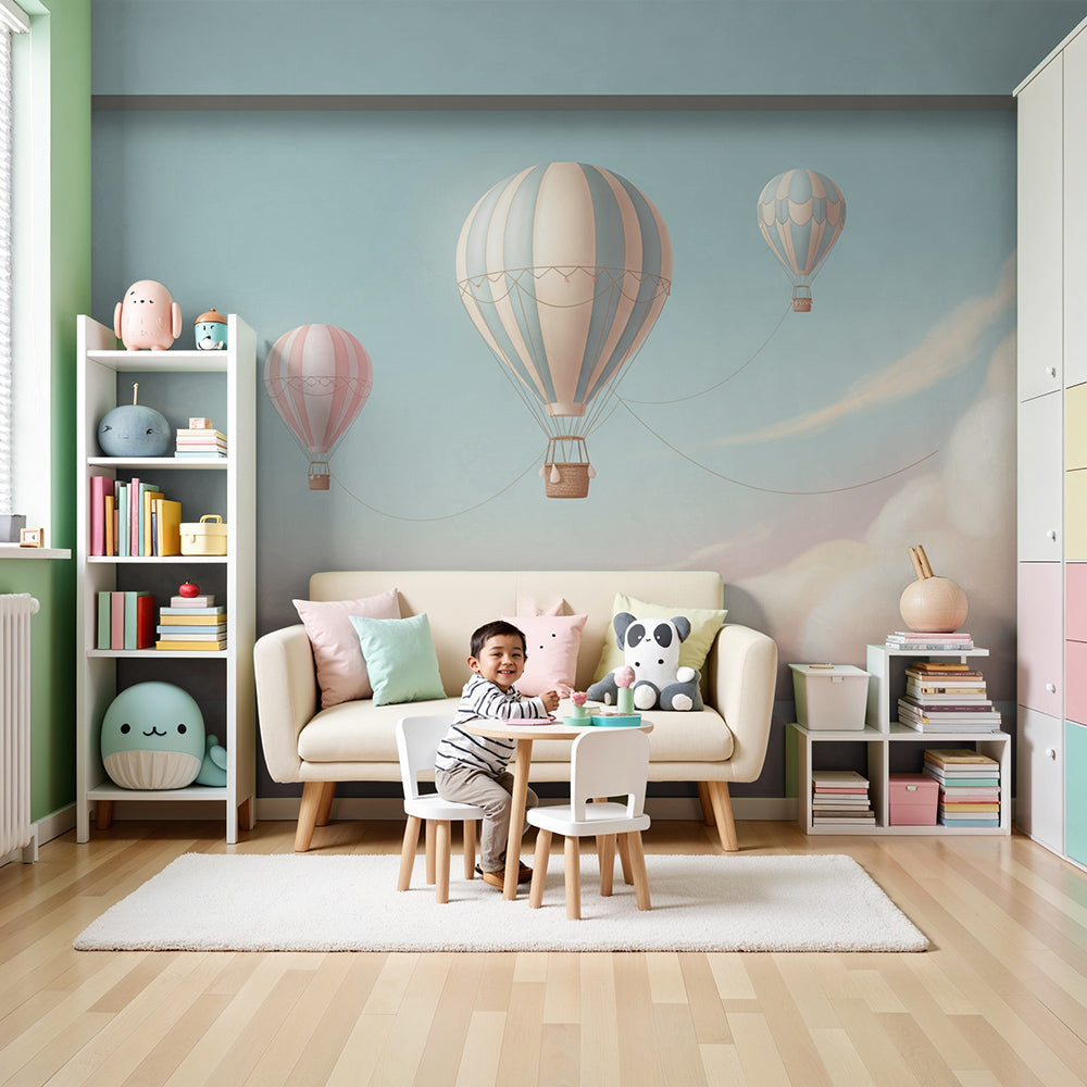 Kids-Mundo three hot air balloons window wall mural styled behind a cot in a soft blue nursery