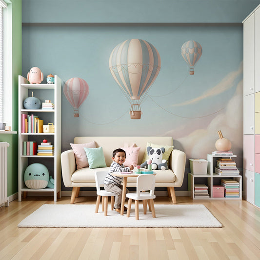 Kids-Mundo three hot air balloons window wall mural styled behind a cot in a soft blue nursery
