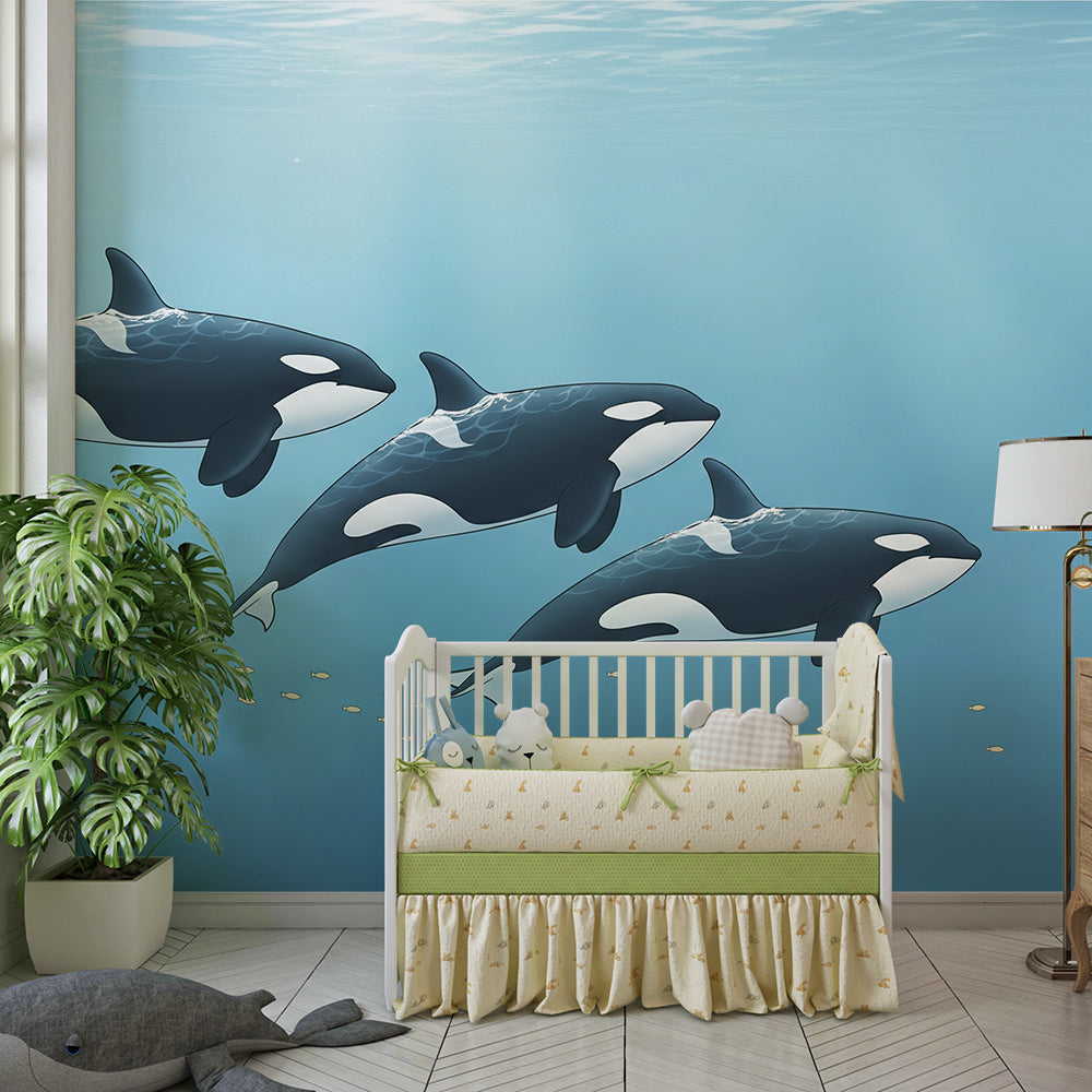 Kids-Mundo three orcas wall mural printed made to measure for a children's bedroom wall.