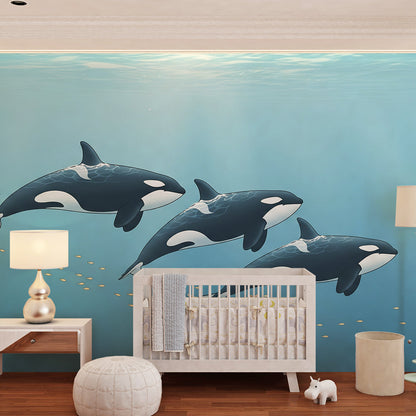 Kids-Mundo orca ocean wall mural styled in a playroom, showing three orcas swimming together.