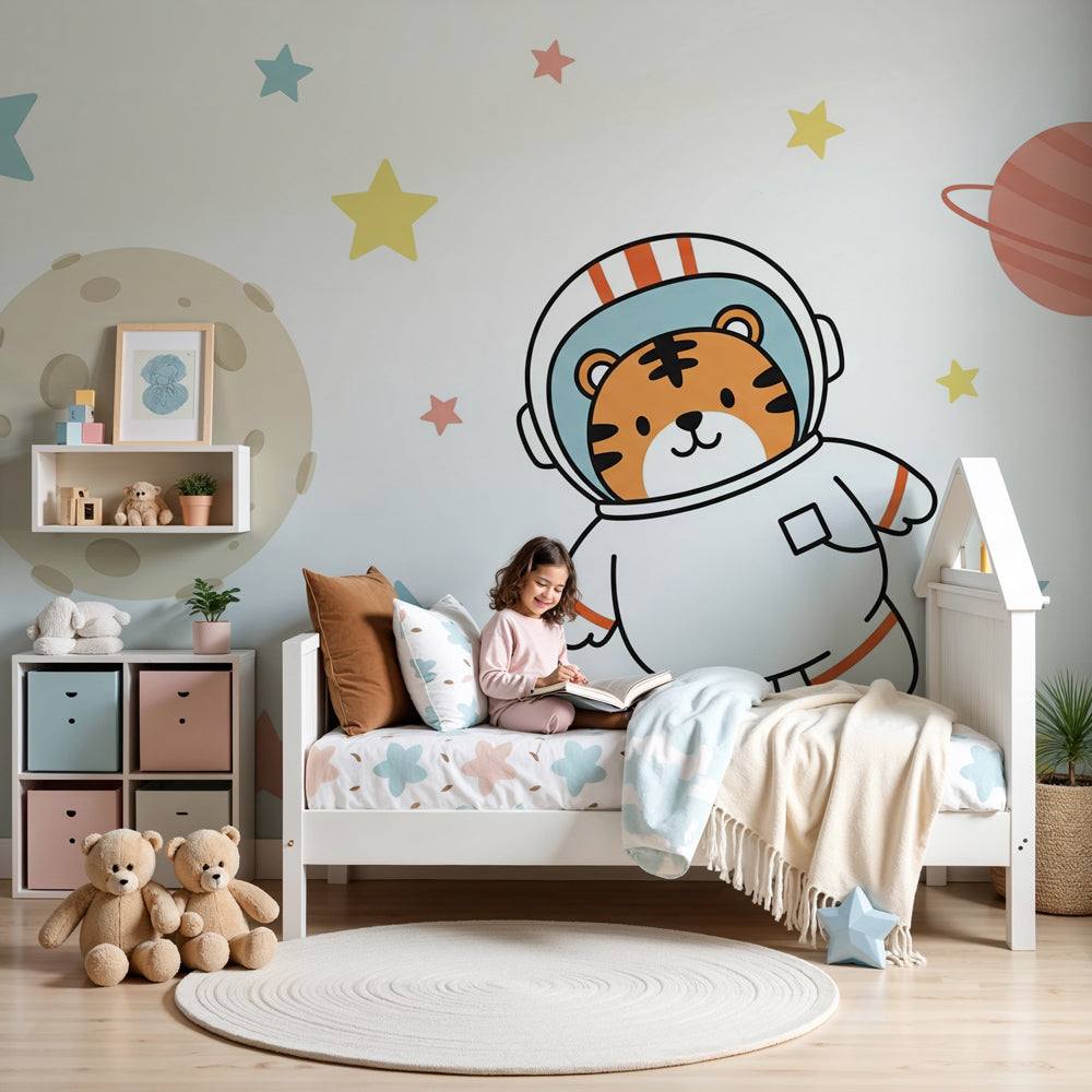 Tiger astronaut space mural wallpaper in modern kids bedroom creating cosmic adventure theme by Kids-Mundo
