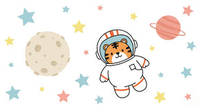 Detailed tiger astronaut space mural wallpaper design pattern with stars and planets by Kids-Mundo