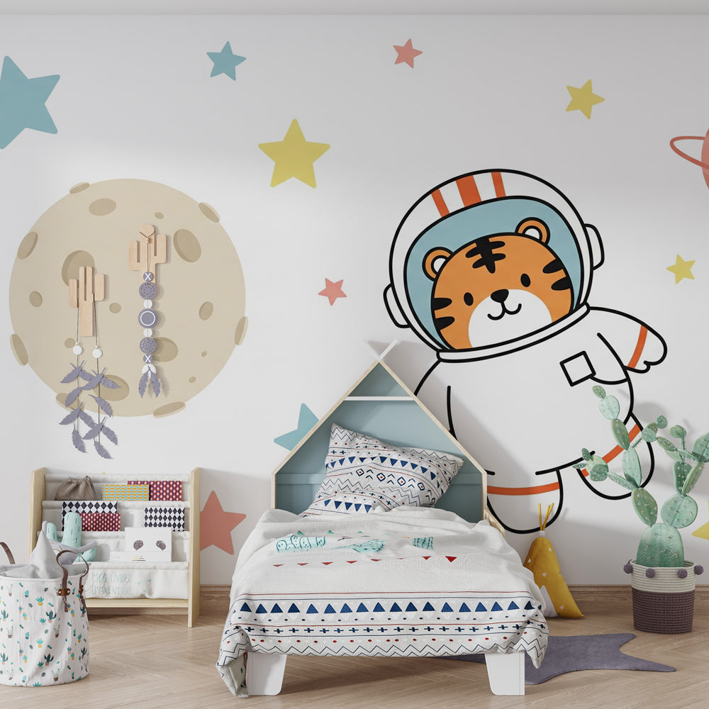 Space tiger wallpaper with stars and planets decorating peaceful nursery room for cosmic dreams