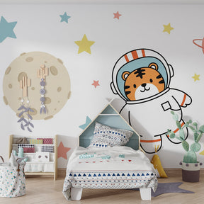 Space tiger wallpaper with stars and planets decorating peaceful nursery room for cosmic dreams