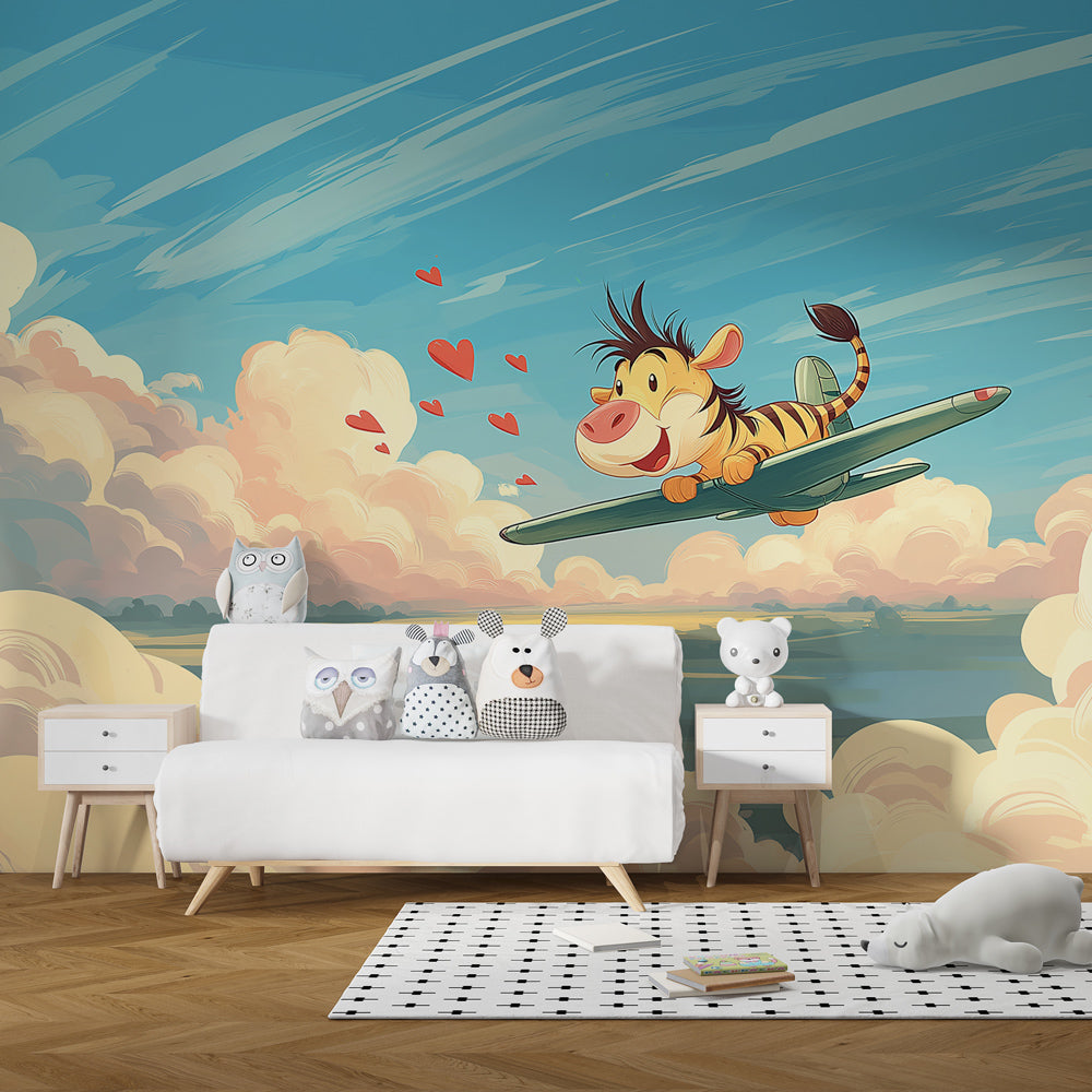 Aviation themed mural wallpaper featuring flying tiger in children's bedroom setting