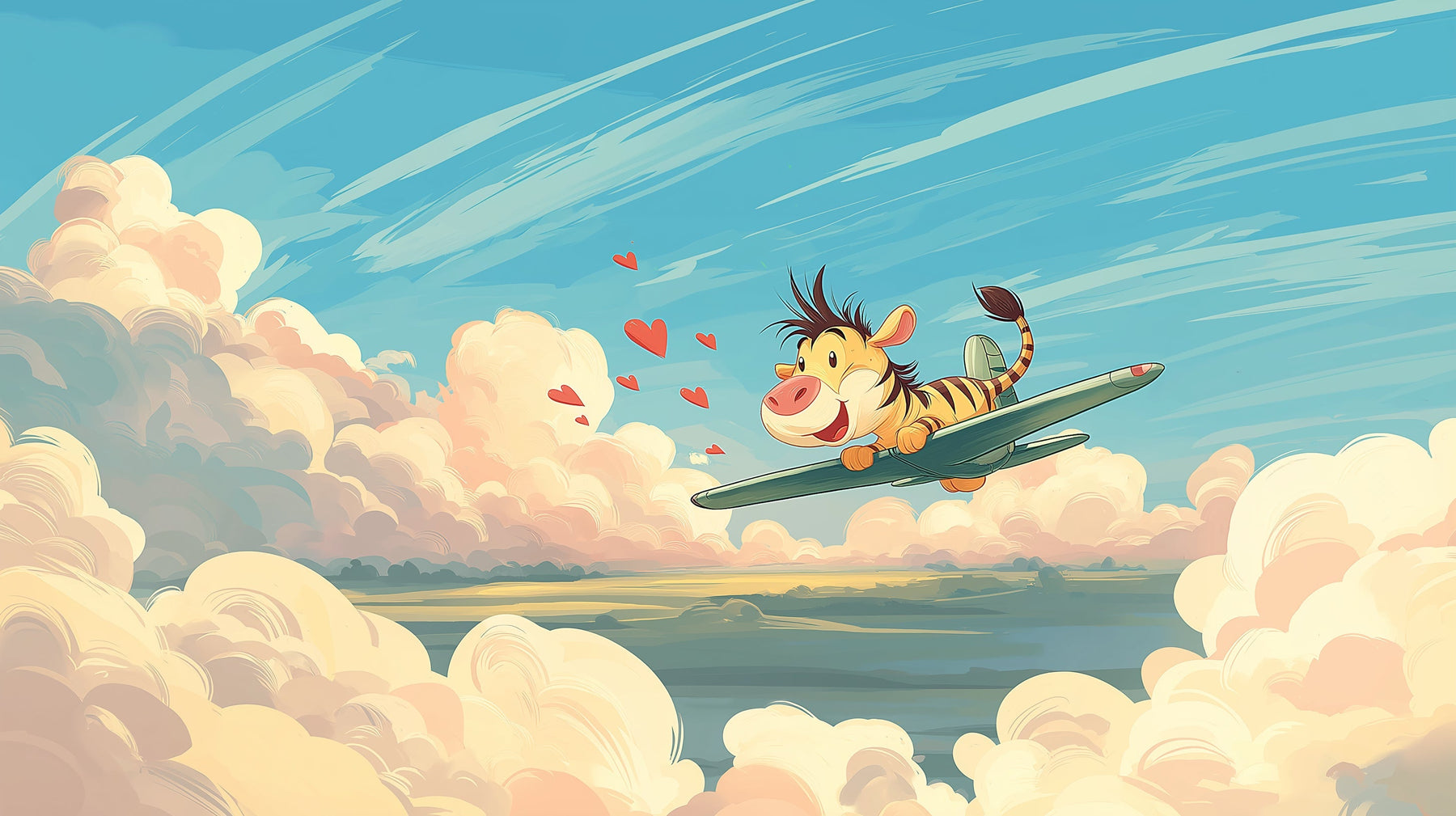 Detailed tiger aviator mural wallpaper design pattern with clouds and hearts by Kids-Mundo