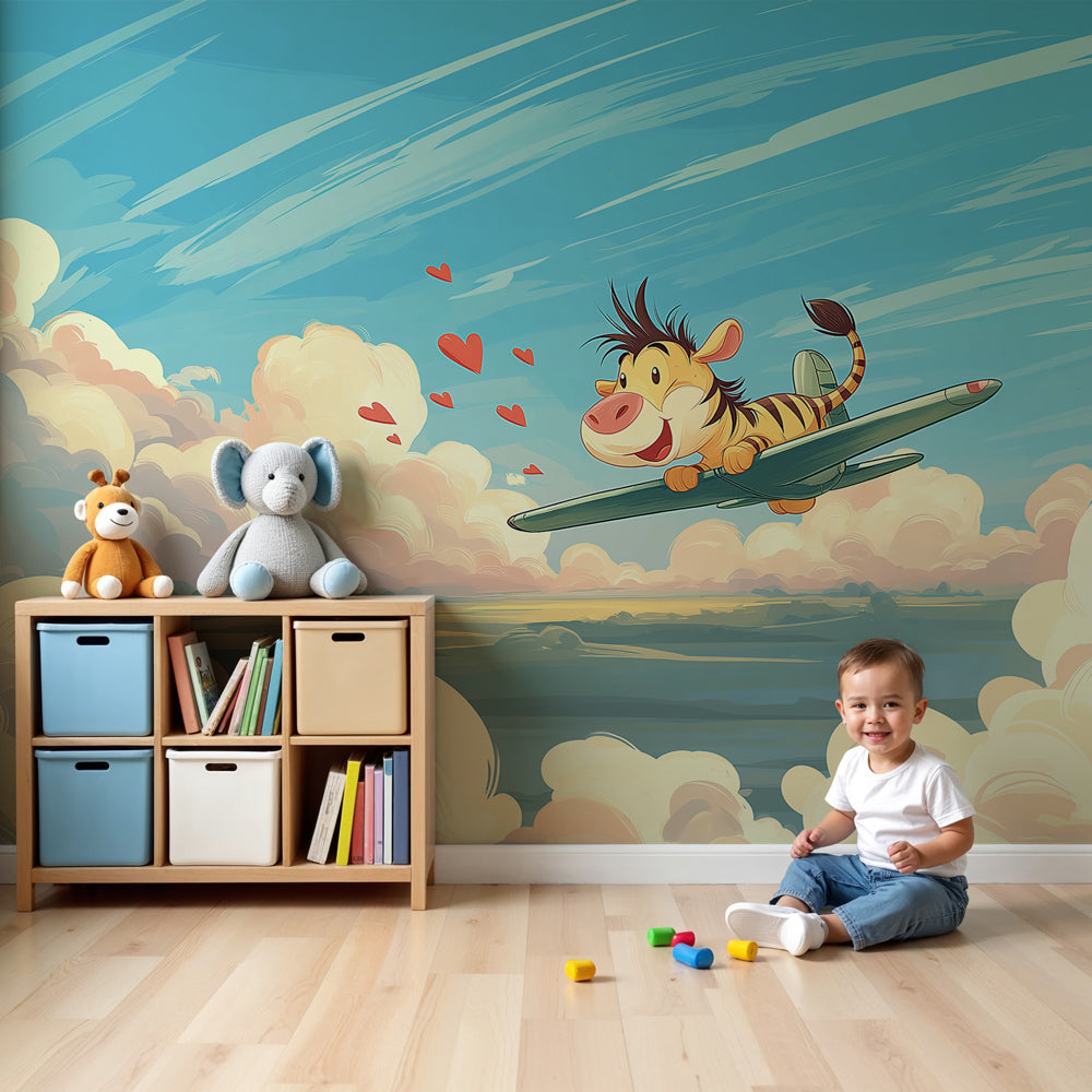 Tiger aviator mural wallpaper in bright nursery with white crib and blue sky theme by Kids-Mundo
